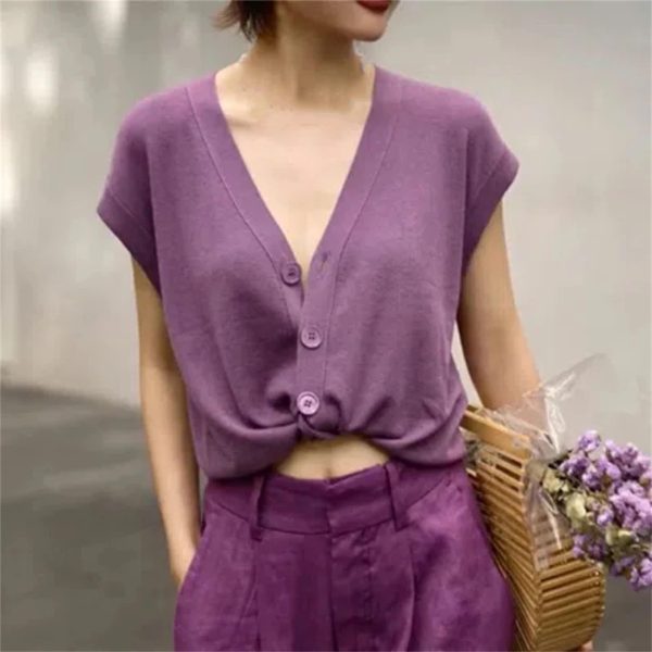 Women's V Neck Clothing Tees Knitwear Cardigan Button Solid T-Shirts