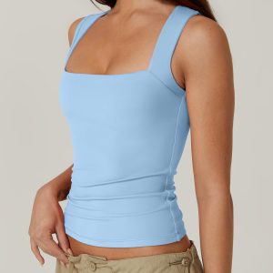 Women's Square Neck Sleeveless Double-Layer Tank Tops Basic Tight T Shirts