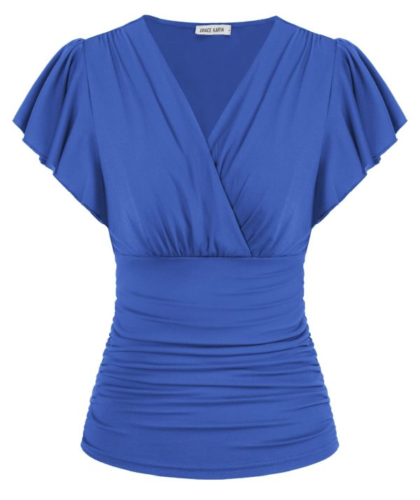 2025 Womens Tops Summer Wrap Blouse V Neck Ruffle Sleeve Dressy Casual Top Ruched Trendy Clothes