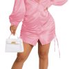 Women's Sexy Button Down Shirts Loose Collar Long Sleeve Ruched Silk Cloth Night Out Club Mini Wrap Dress Drawstring