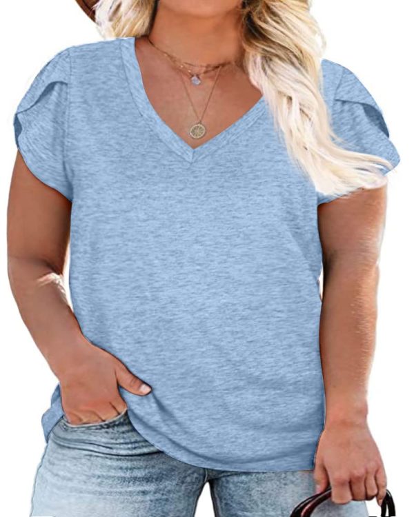 Womens Plus Size Tops V Neck T Shirts Casual Loose Petal Sleeve Tee Shirts