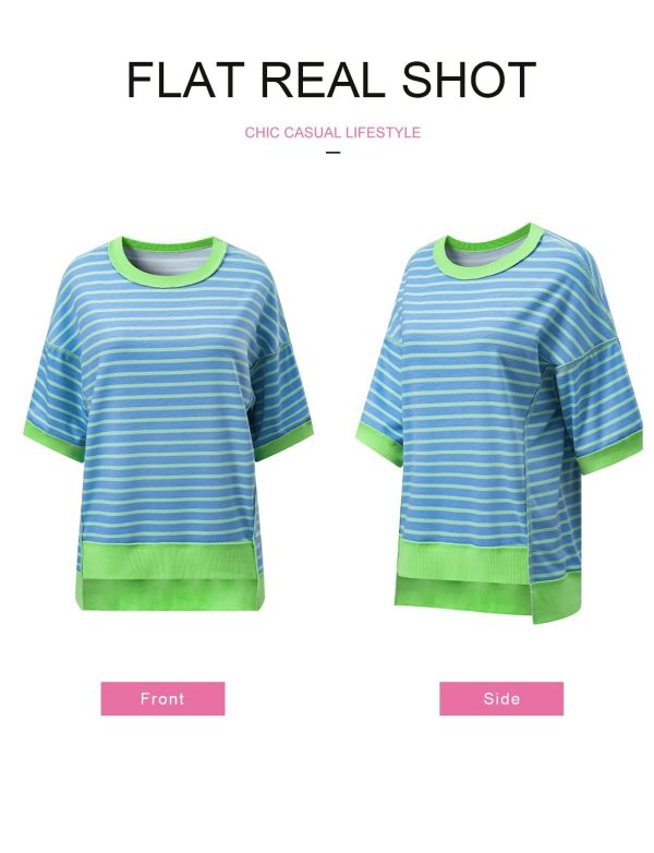 Womens Tops Casual Short Sleeve Sweatshirt Striped Shirt Crewneck Pullover T Shirts Loose Blouses