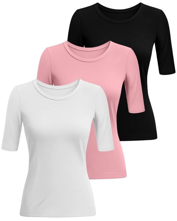 3 Pack Women's 1/2 Sleeve Tops Half Length Sleeve Cotton Crewneck T Shirts Slim Fit Casual Elbow Summer Basic Tees