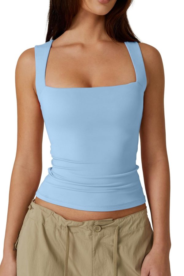 Women's Square Neck Sleeveless Double-Layer Tank Tops Basic Tight T Shirts