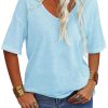 Women Fashion V-Neck Half Sleeves Oversized T Shirt Solid Casual Loose Basic Tops