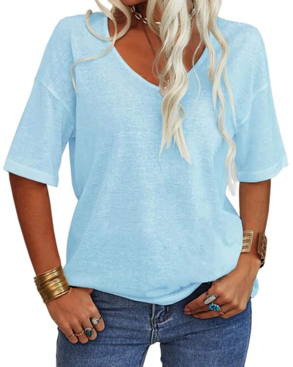 Women Fashion V-Neck Half Sleeves Oversized T Shirt Solid Casual Loose Basic Tops