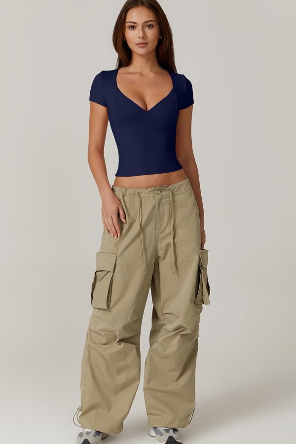 Women's V Neck Short Sleeve T Shirts Double Lined Tee Seamed Cup Going Out Tops