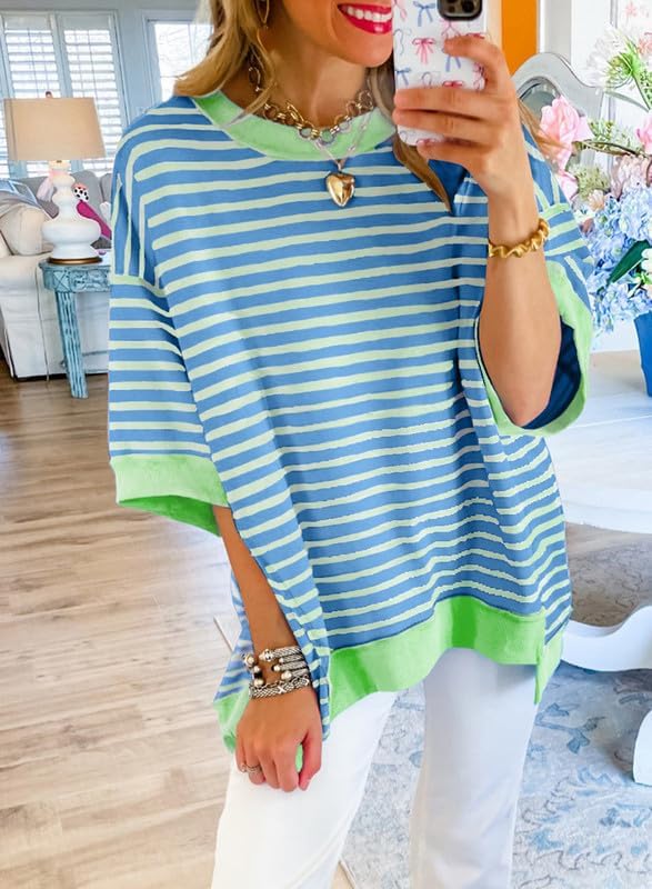 Womens Tops Casual Short Sleeve Sweatshirt Striped Shirt Crewneck Pullover T Shirts Loose Blouses