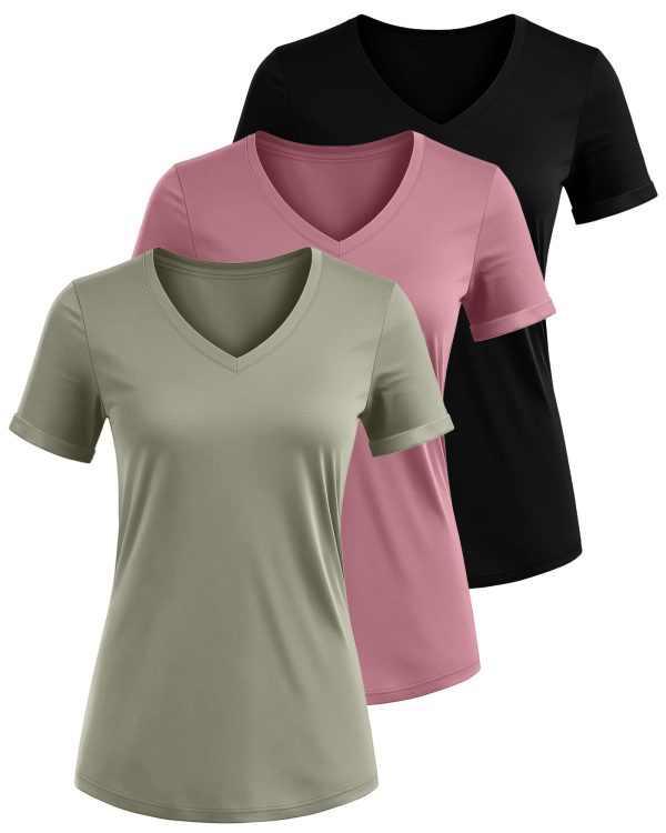 61ufFE50JWL.jpg 3 Pack Women’s V Neck T Shirts, Summer Casual Short Sleeve Tops Loose Fit Rolled Sleeve Tees 2025 Trendy Cotton Shirts