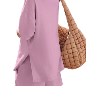 Womens Shorts Sets 2 Piece Outfits Summer 2025 Half Sleeve Crew Neck Cotton Lounge Sets Matching Clothing