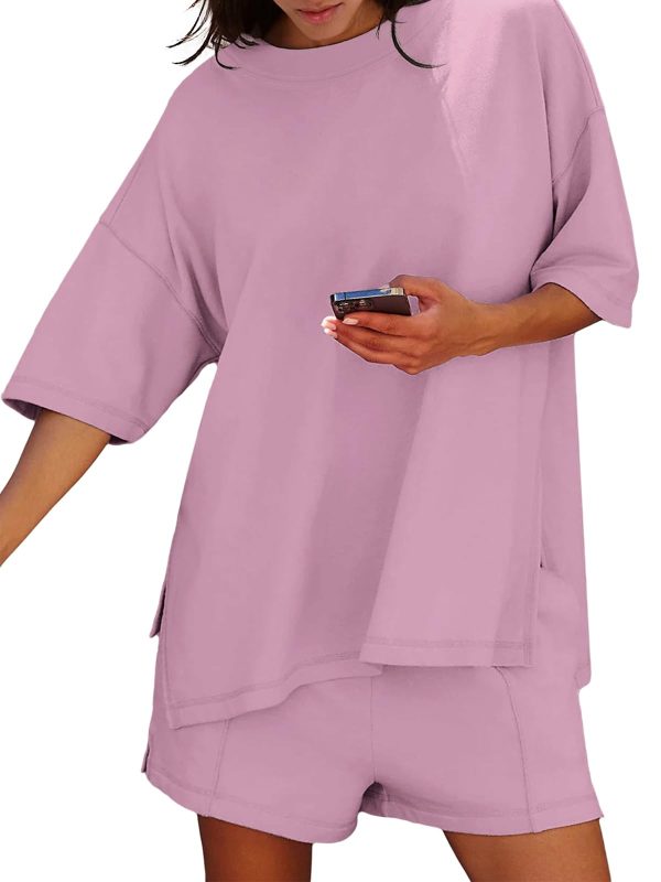 Womens Shorts Sets 2 Piece Outfits Summer 2025 Half Sleeve Crew Neck Cotton Lounge Sets Matching Clothing