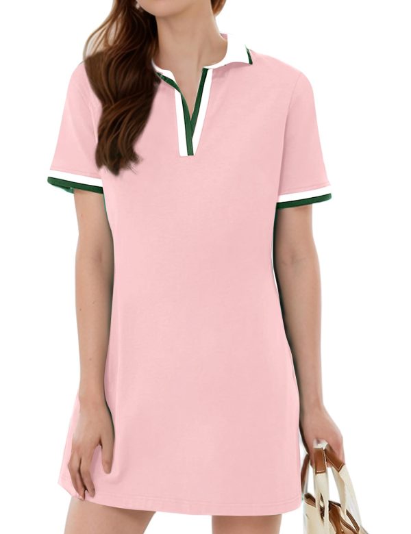 Polo Dress for Women V Neck Short Sleeve Flowy Contrast Color Golf Tennis A Line T Shirt Dresses
