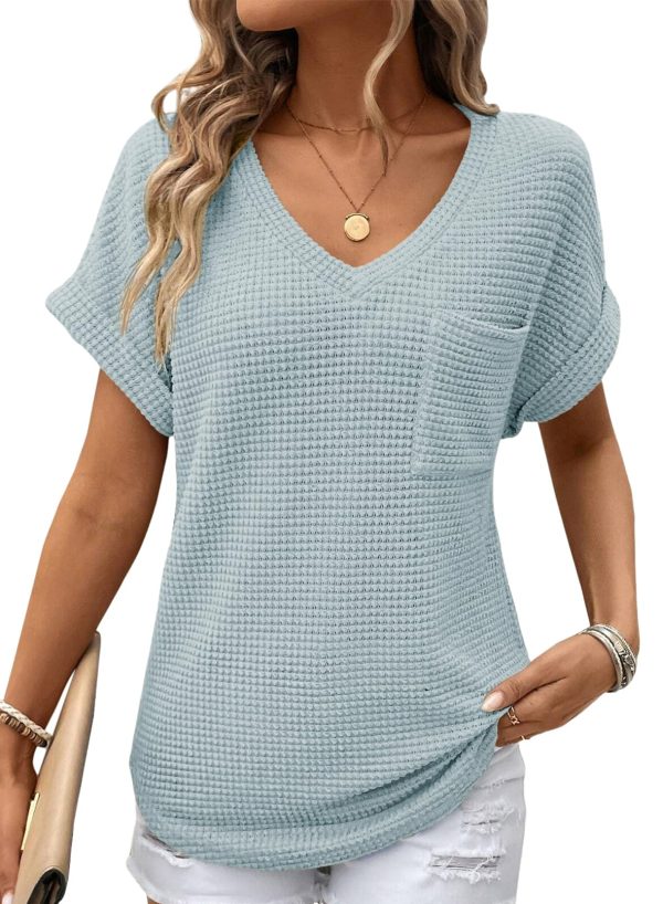 Womens Waffle Knit Tops 2025 Spring Summer V Neck Shirts Casual Trendy Women's Blouses Basic Tee