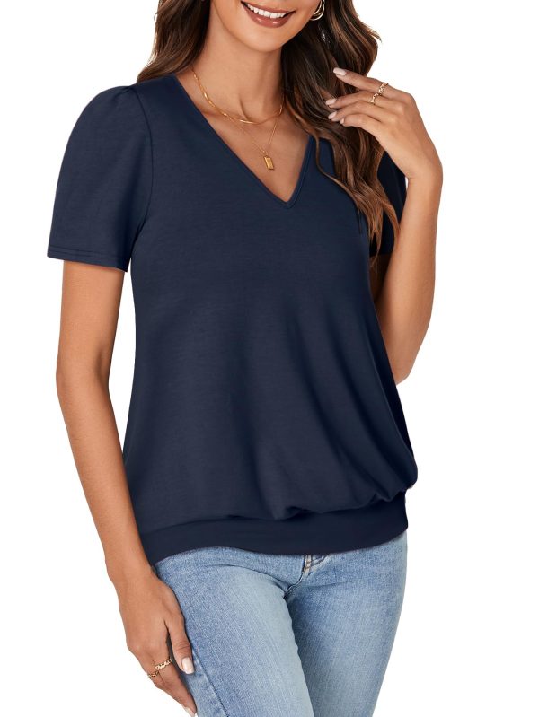 Women’s Casual Short Sleeve V Neck T Shirt Summer Banded Bottom Loose Fit Tunic Tee Shirt Top