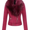 Women Faux Leather Suede Jacket Moto Biker Coat Sherpa-Lined Overcoat with Removable Belt