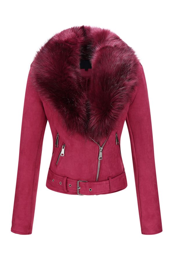 Women Faux Leather Suede Jacket Moto Biker Coat Sherpa-Lined Overcoat with Removable Belt