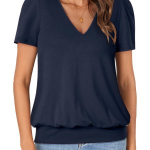 Women’s Casual Short Sleeve V Neck T Shirt Summer Banded Bottom Loose Fit Tunic Tee Shirt Top