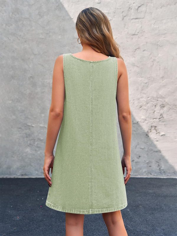 Women's Sleeveless Casual Denim Dress Crewneck Vintage Loose Jean Overall Dress with Pockets
