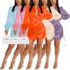 Women's Sexy Button Down Shirts Loose Collar Long Sleeve Ruched Silk Cloth Night Out Club Mini Wrap Dress Drawstring