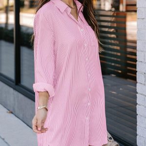 Womens Button Down Shirt Dresses with Pockets Cotton Striped Shirts Collared Tunics Long Sleeve High Low Blouse Tops
