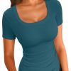 Womens Summer Short Sleeve Tops Square Neck Ribbed Slim Fitted Shirts Casual Tee Tshirt
