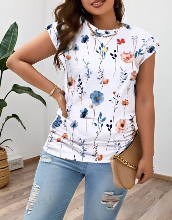 Womens Summer Tops Ruched Cap Short Sleeve Tshirts Shirts Crew Neck T Shirts Trendy 2025 Fashion S-XXXL