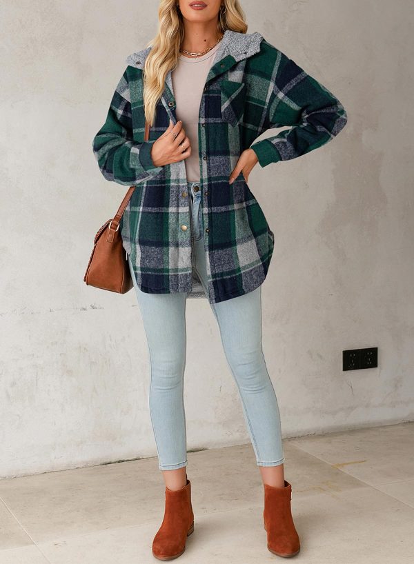 Women's Flannel Hooded Plaid 2024 Shacket Thick Coat Winter Coat for Warmth Button down Warm and Fuzzy Fleece Jacket