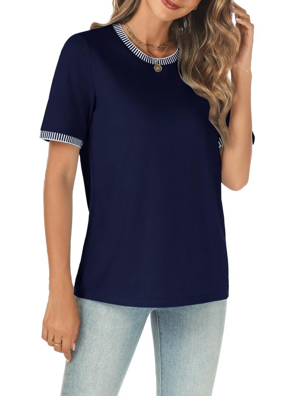 714p6WWN41L.jpg Women 2025 Summer Short Sleeve T-Shirts Crewneck Loose Casual Color Block Fashion Tee Tops