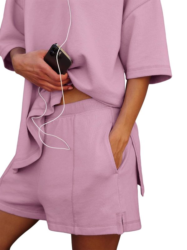 Womens Shorts Sets 2 Piece Outfits Summer 2025 Half Sleeve Crew Neck Cotton Lounge Sets Matching Clothing