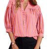 Womens Puff Sleeve Tops Striped Blouses Dressy Casual Mandarin Collar Shirt 3/4 Sleeve Tshirt