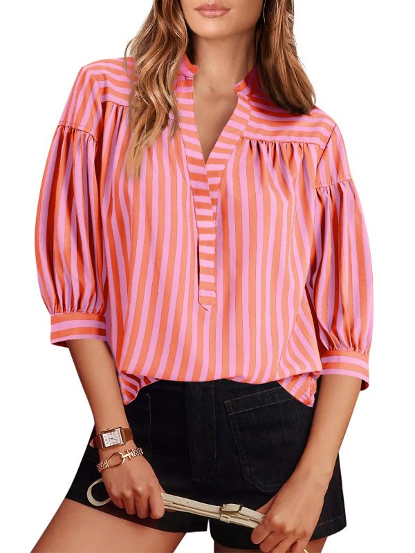 Womens Puff Sleeve Tops Striped Blouses Dressy Casual Mandarin Collar Shirt 3/4 Sleeve Tshirt