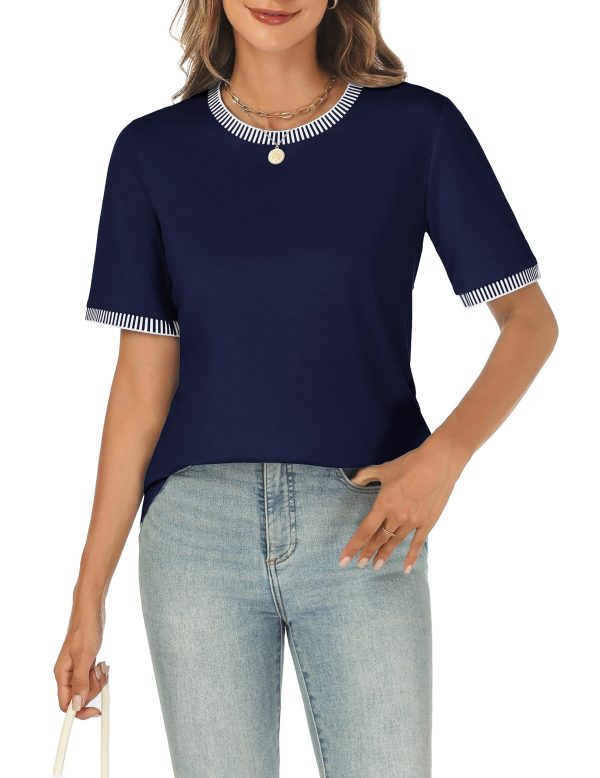 715Kr3ZFz3L.jpg Women 2025 Summer Short Sleeve T-Shirts Crewneck Loose Casual Color Block Fashion Tee Tops