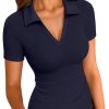 Womens Short Sleeve Shirts Lapel Collared V Neck Slim Fitted Ribbed Knit Tight Polo Tops