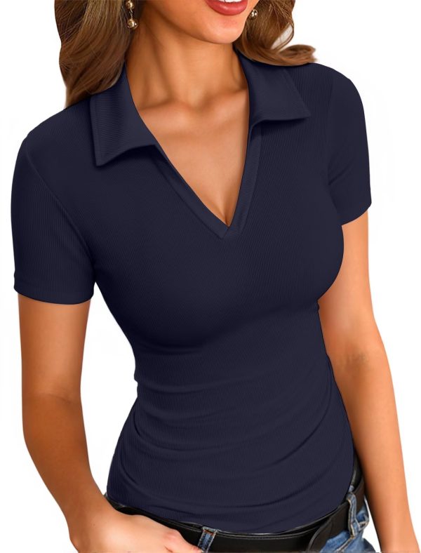 Womens Short Sleeve Shirts Lapel Collared V Neck Slim Fitted Ribbed Knit Tight Polo Tops