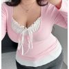 Women's Plus Size Long Sleeve T-Shirts 2 in 1 Tie Front Fitted Tee Tops Coquette Aesthetic Clothes