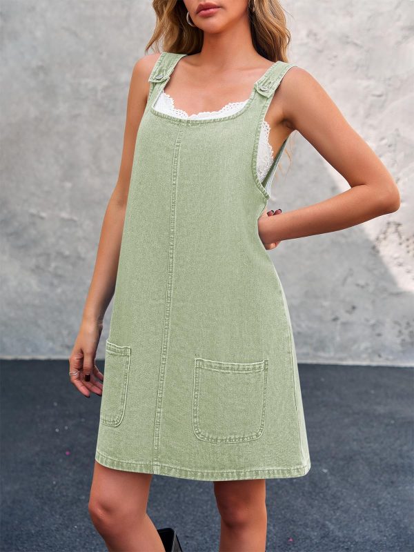 Women's Sleeveless Casual Denim Dress Crewneck Vintage Loose Jean Overall Dress with Pockets