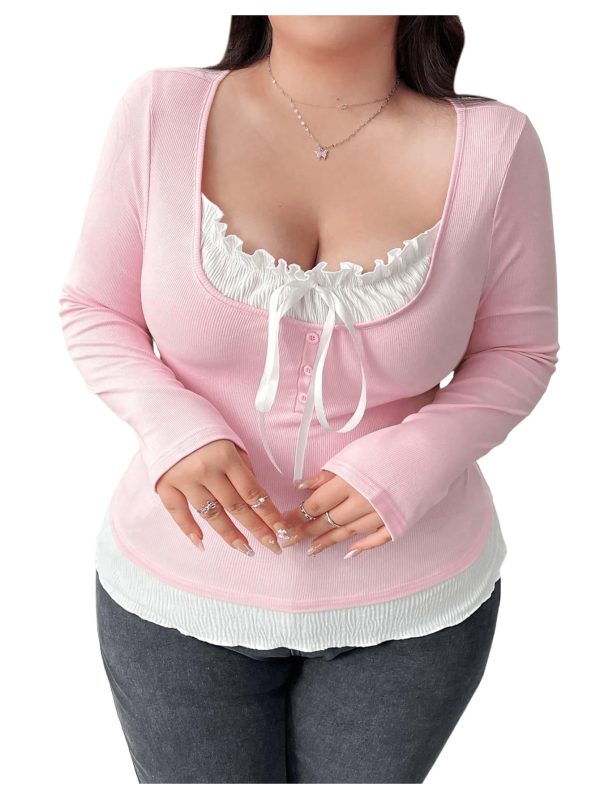 Women's Plus Size Long Sleeve T-Shirts 2 in 1 Tie Front Fitted Tee Tops Coquette Aesthetic Clothes
