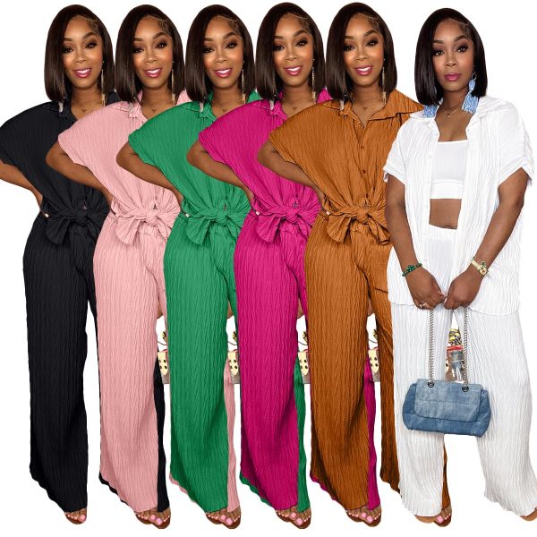 Casual Two Piece Set for Women - Button Down Shirt and Wide Leg Pants Matching Set Tracksuits