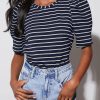 Women's Casual Short Puff Sleeve Crew Neck Striped T Shirts Summer Tops