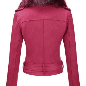 Women Faux Leather Suede Jacket Moto Biker Coat Sherpa-Lined Overcoat with Removable Belt