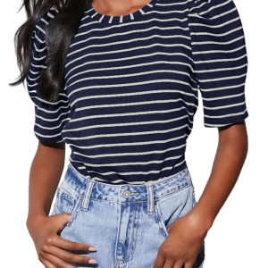 Women's Casual Short Puff Sleeve Crew Neck Striped T Shirts Summer Tops