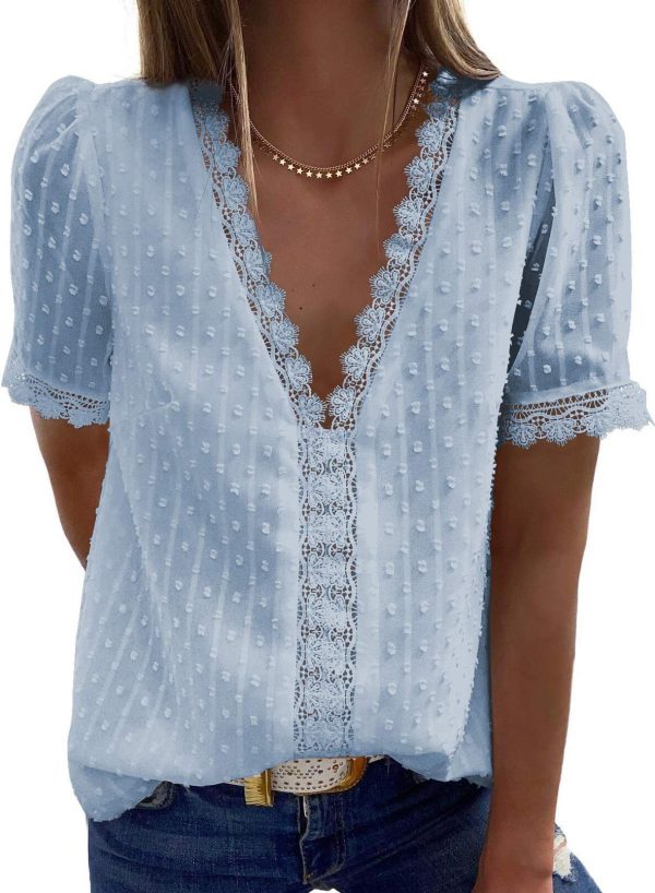 Women's V Neck Lace Crochet Tunic Tops Flowy Casual Blouses Shirts
