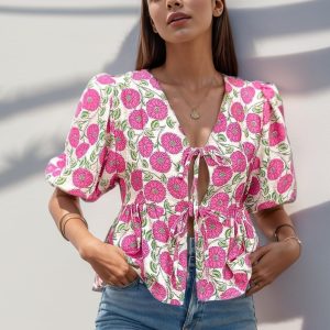 Womens Tie Front Floral T-Shirt Cute V Neck Ruffle Hem Short Sleeve Summer Cropped Shirt Top Babydoll Blouse