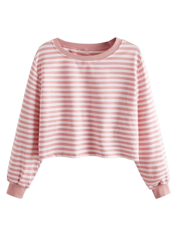 Women's Casual Long Sleeve Striped Cropped T-Shirt Casual Crop Tee Top