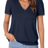 Women’s Casual Short Sleeve V Neck T Shirt Summer Banded Bottom Loose Fit Tunic Tee Shirt Top