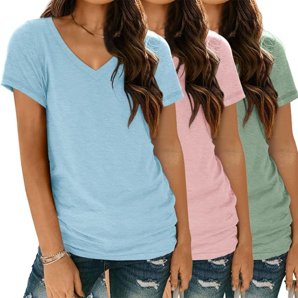 3 Pack V Neck T Shirts for Women Short Sleeve Tshirts Summer Casual Tops Loose Fit Basic Tees