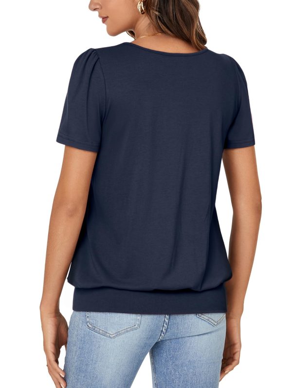 Women’s Casual Short Sleeve V Neck T Shirt Summer Banded Bottom Loose Fit Tunic Tee Shirt Top