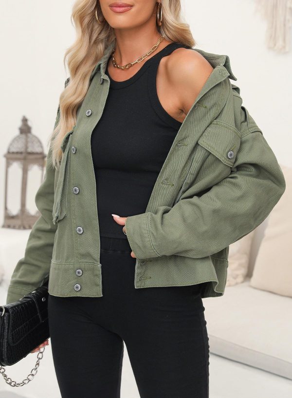 Women's Cargo Jean Jacket - Cropped Button Spring Fashion Coat for Women