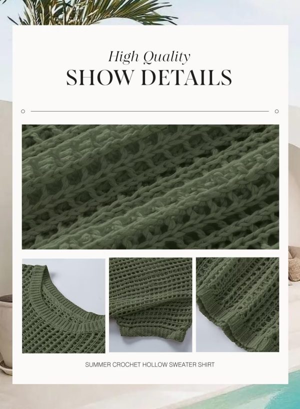 Womens Summer Scoop Neck Short Sleeve Sweater Casual Crochet Hollow Out Knit Tops Pullover Shirts Beach Coverup
