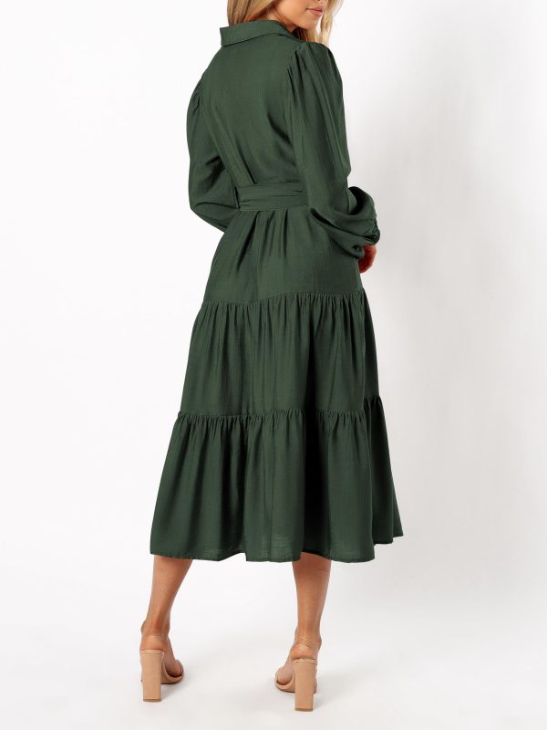 Womens Dresses 2025 Fall Long Sleeve Midi Dress Casual V Neck Button Down Tiered Flowy Aline Tie Waist Shirt Dress